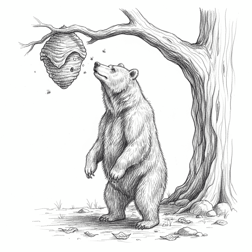 Bear Looking Up At Beehive - hard sketch drawing idea