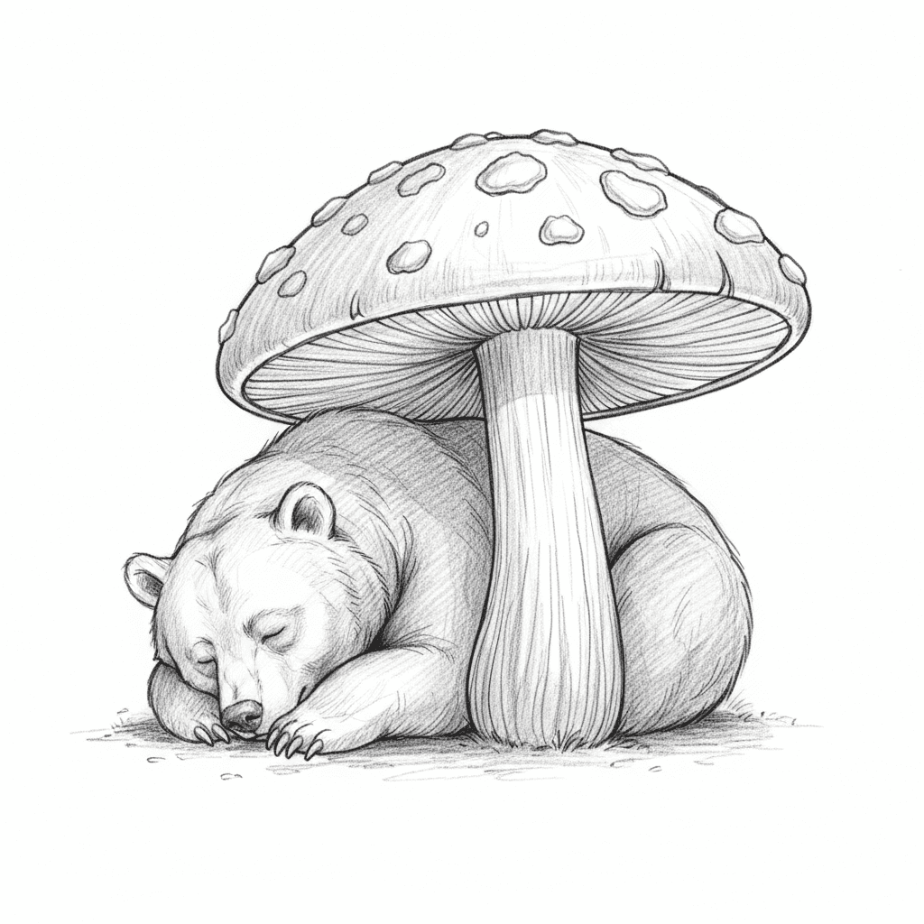 Bear Napping Under A Mushroom - medium sketch drawing idea