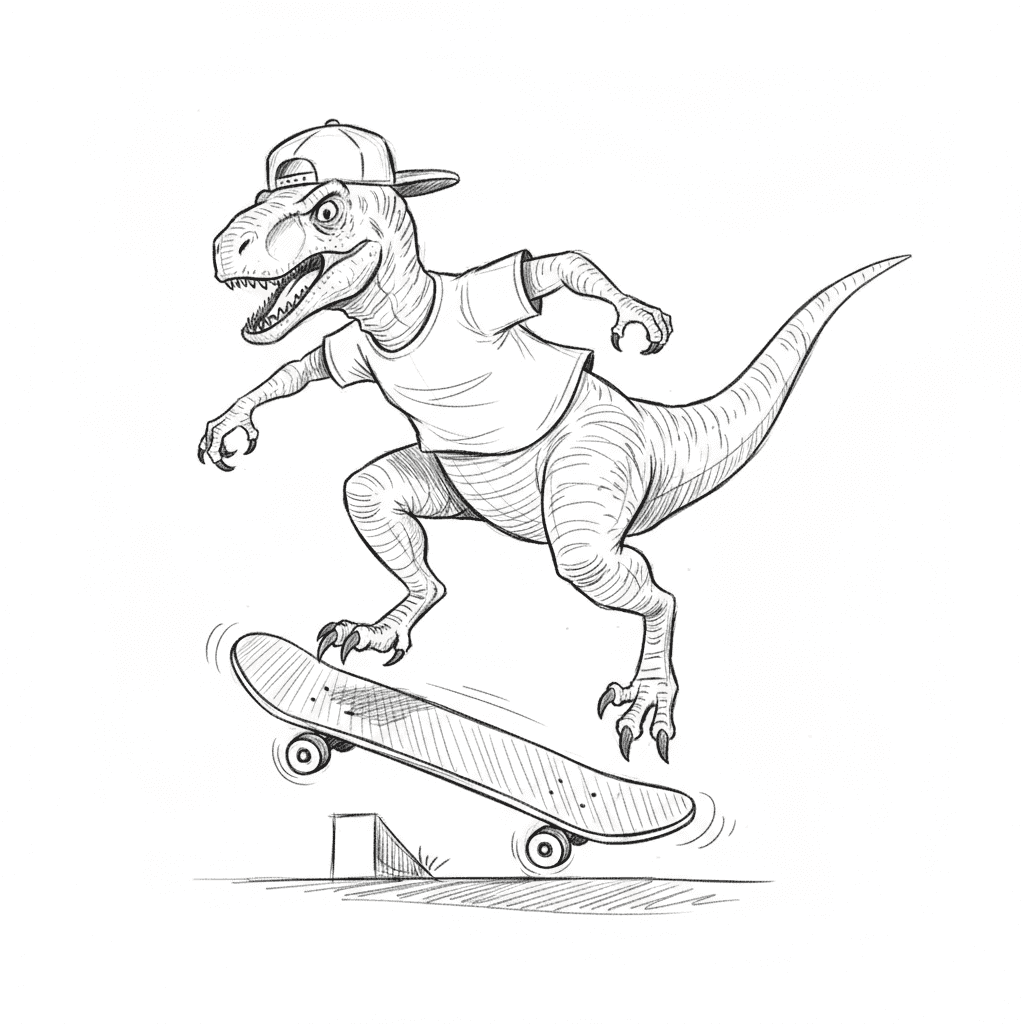 Dino Riding Skateboard - medium sketch drawing idea