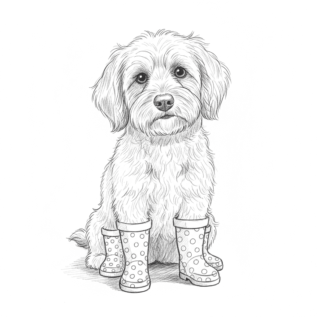 Dog In Tiny Rain Boots - medium sketch drawing idea