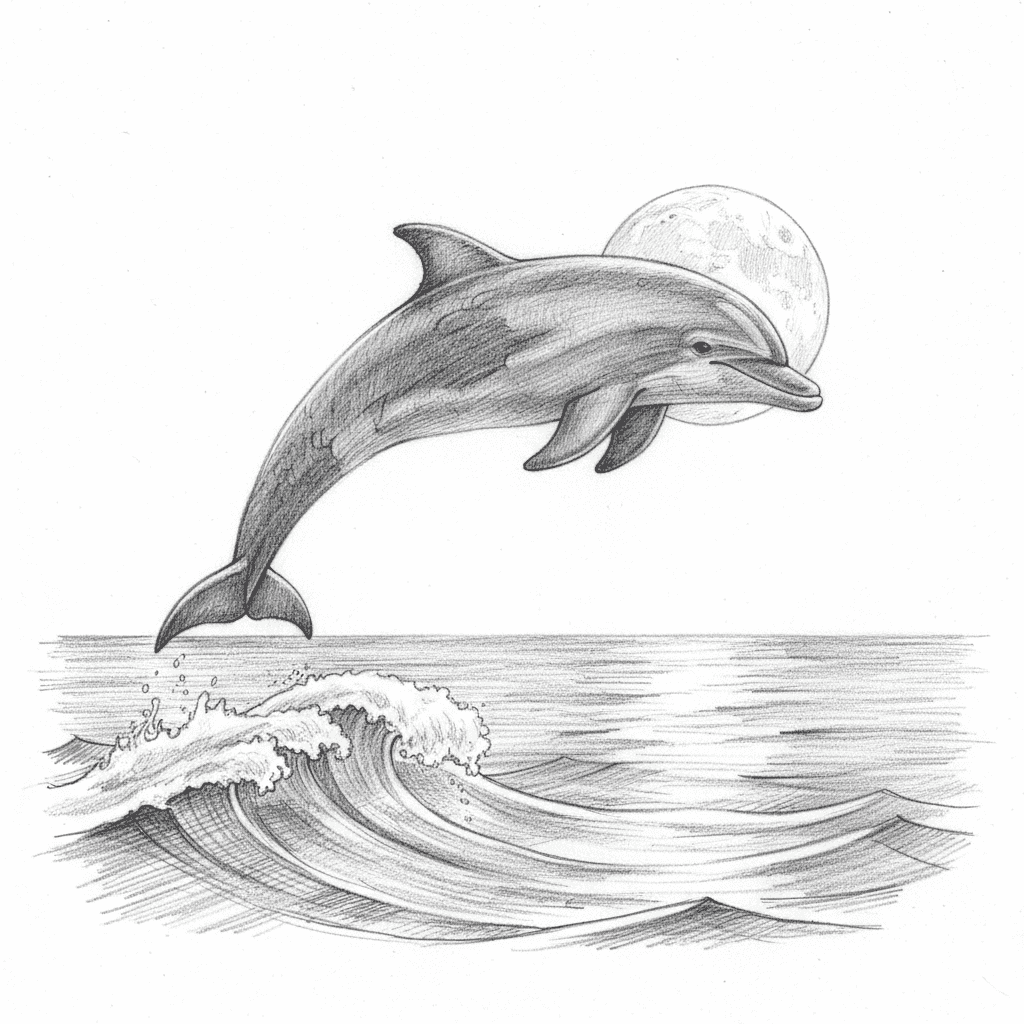Dolphin Leaping Over Moonlit Waves - hard sketch drawing idea