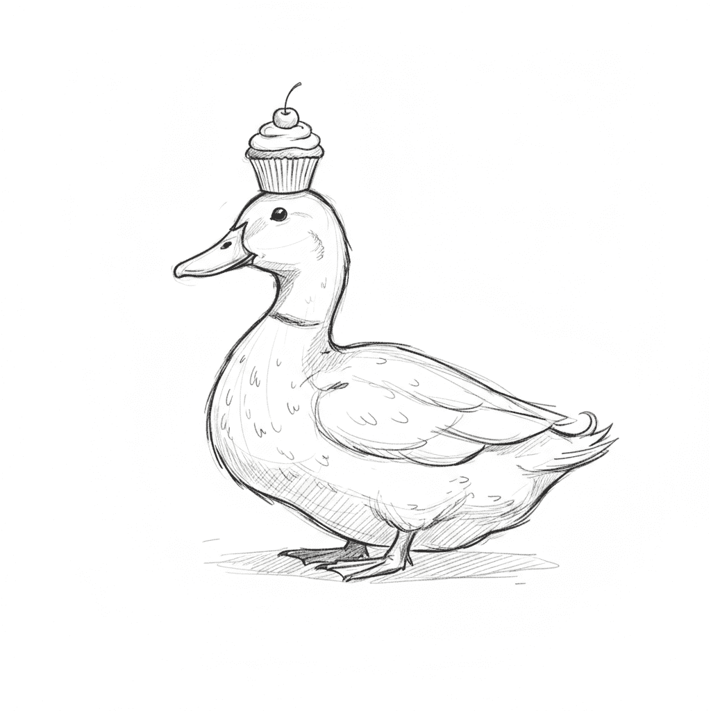 Duck Balancing Tiny Cupcake - medium sketch drawing idea
