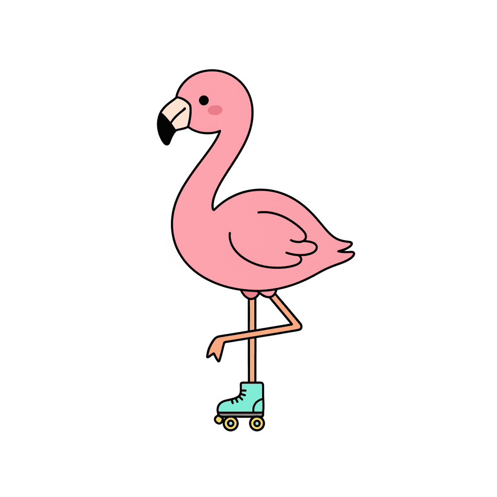 Flamingo Balancing On One Roller Skate - easy cartoon drawing idea