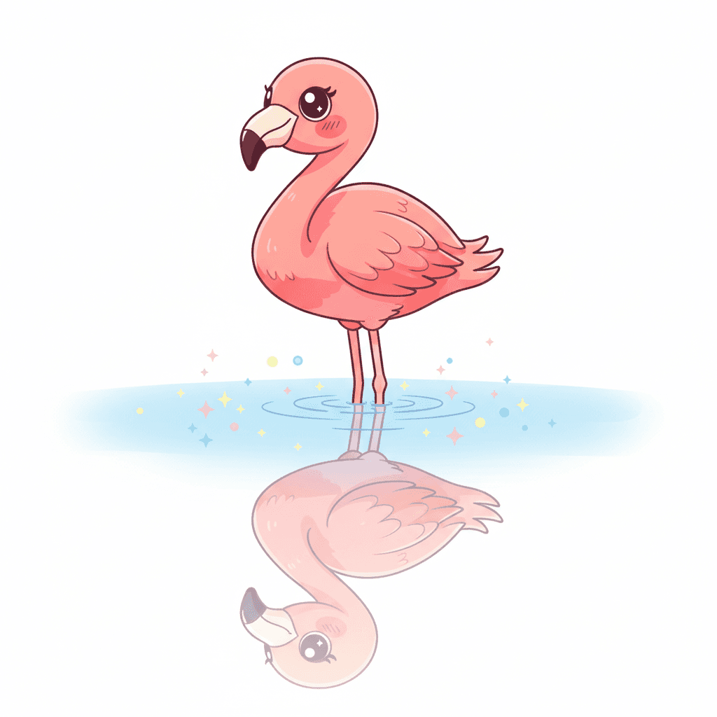 Flamingo Reflected In Calm Water - medium cartoon drawing idea