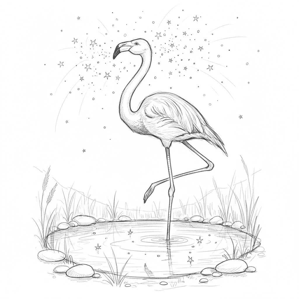 Flamingo Stargazing By Pond - medium sketch drawing idea