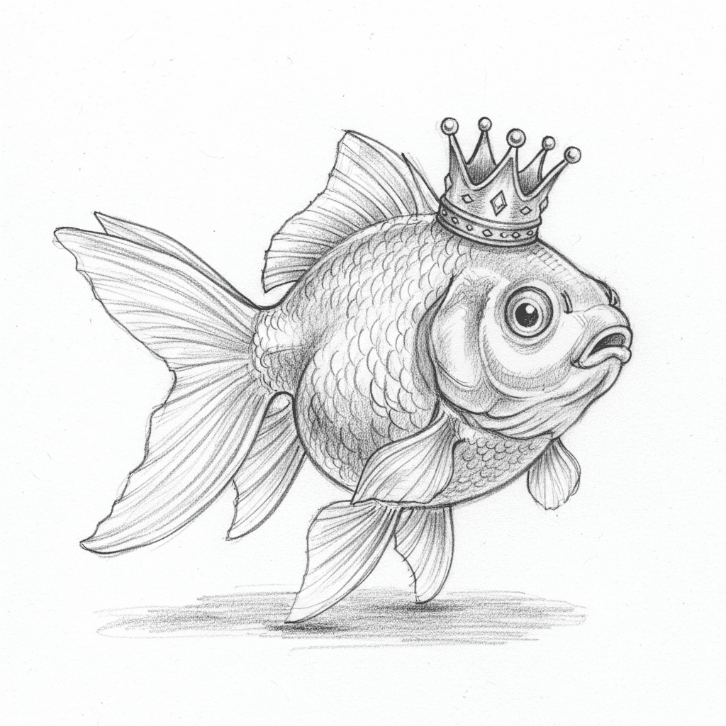 Goldfish Wearing Tiny Crown - hard sketch drawing idea