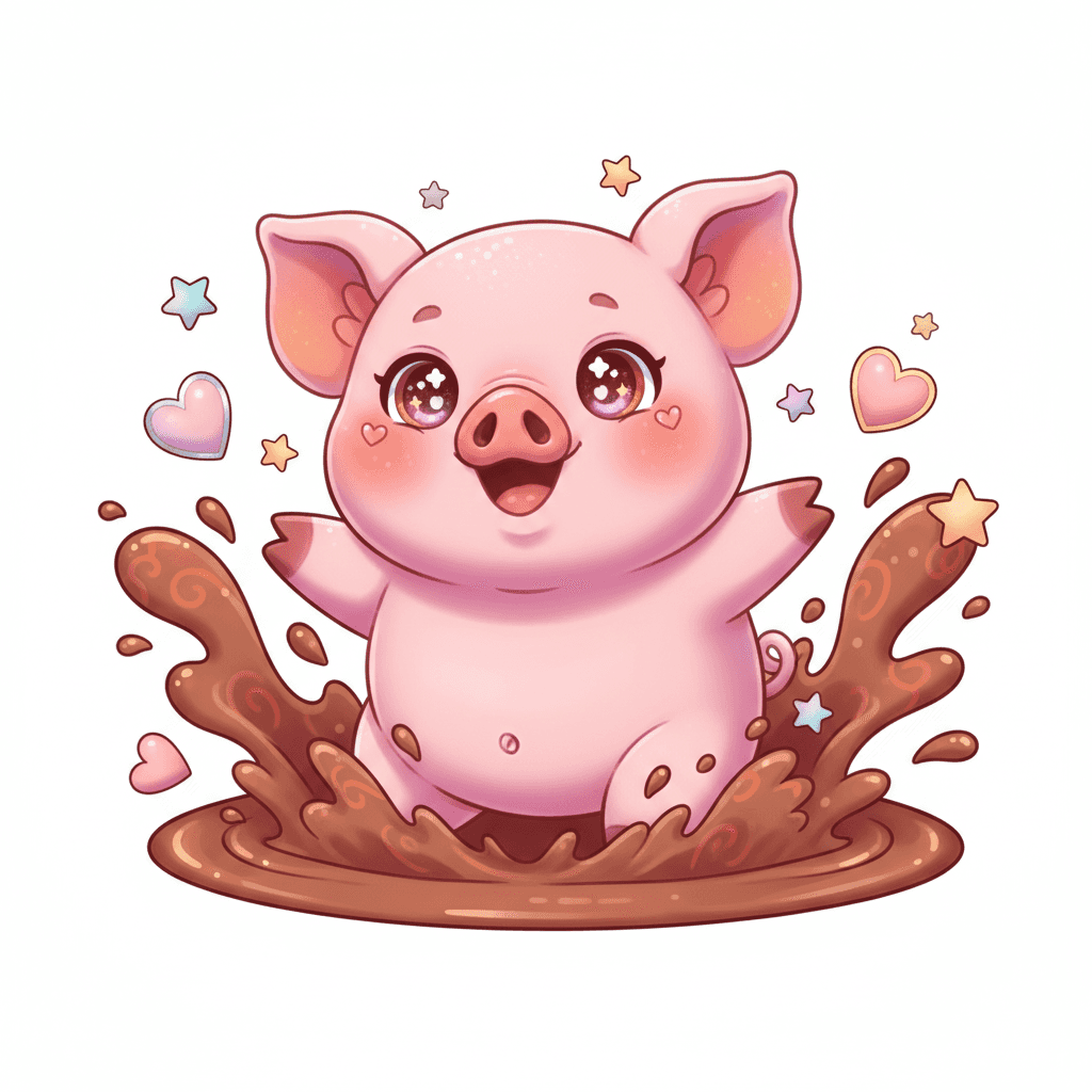 Happy Pig Splashing In Mud - hard cartoon drawing idea