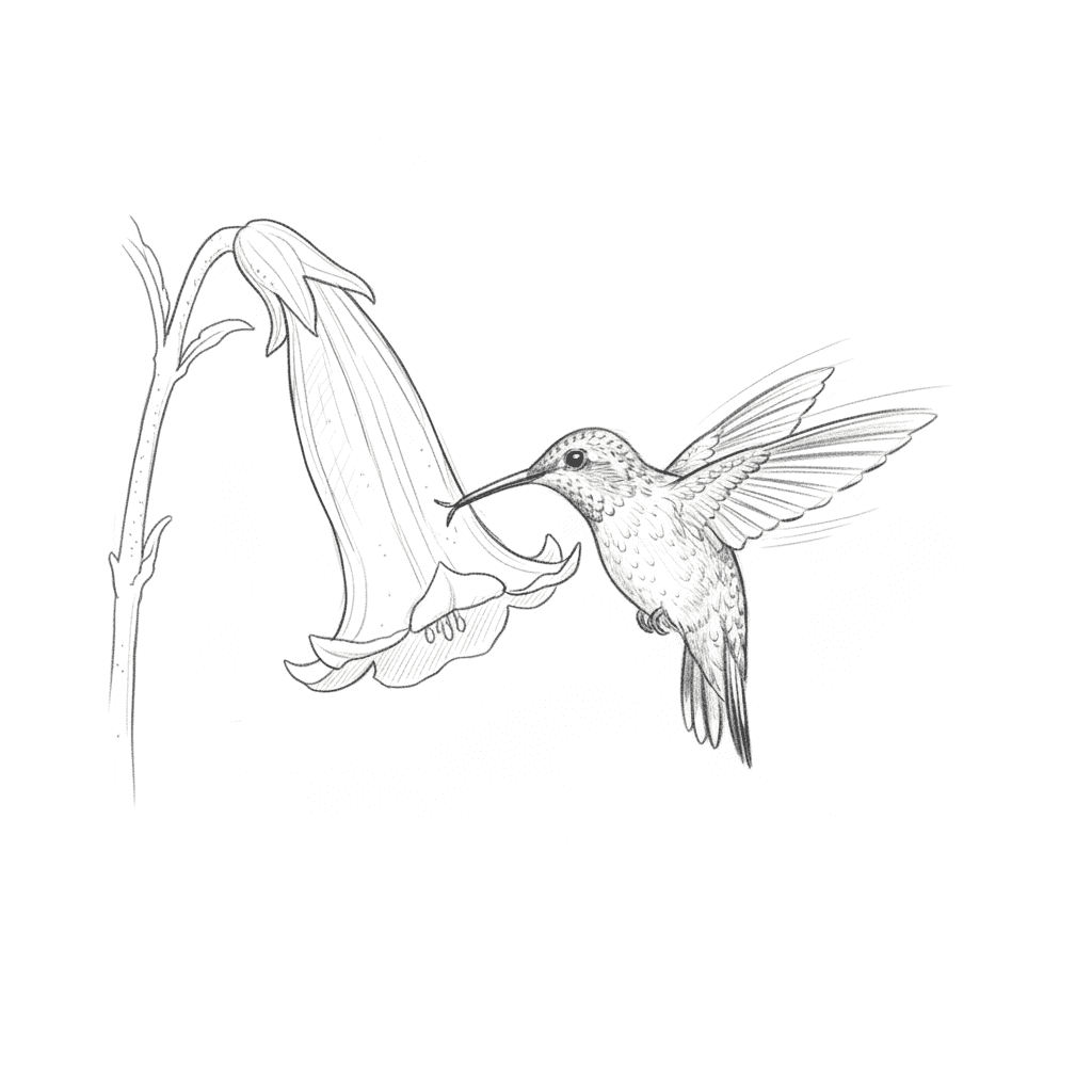 Hummingbird Flies Upside Down For Nectar - medium sketch drawing idea