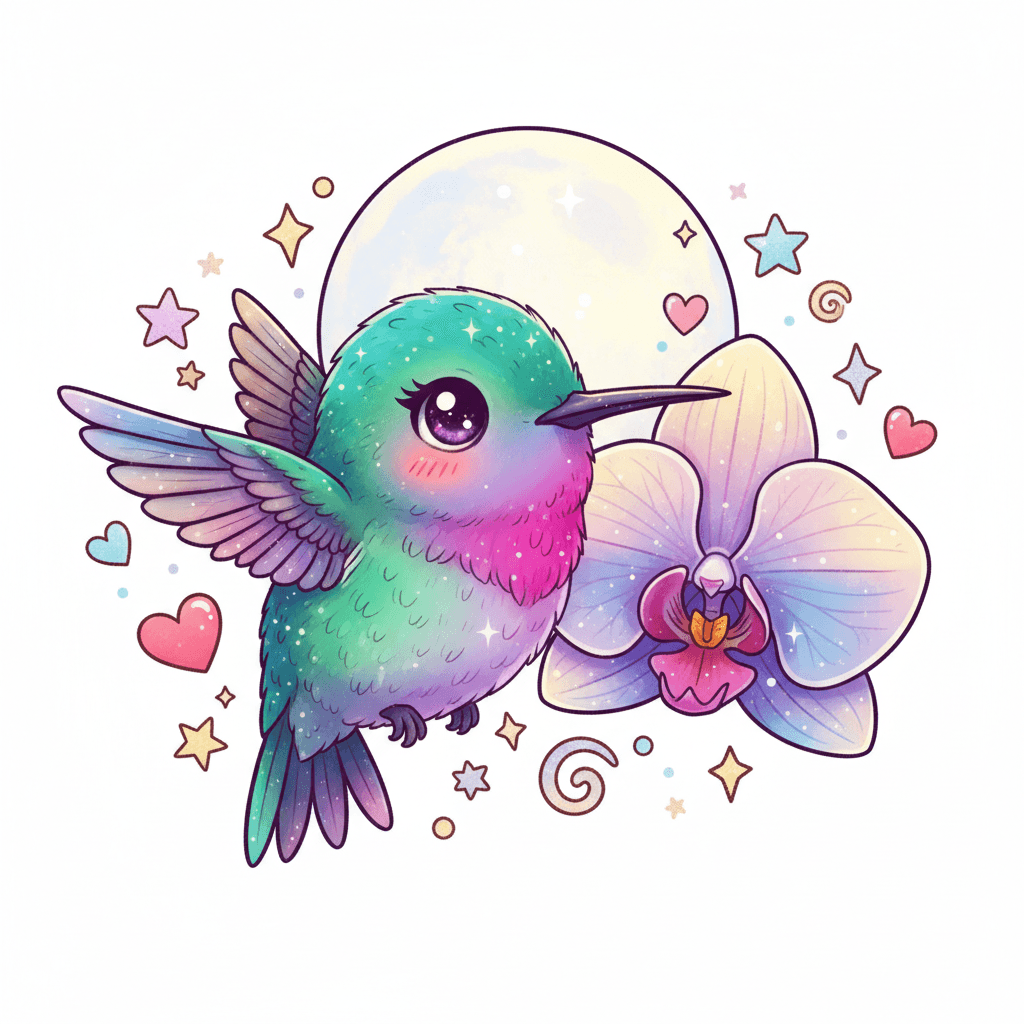 Hummingbird Hovers Beside Moonlit Orchid - hard cartoon drawing idea