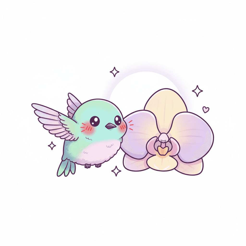 Hummingbird Hovers Beside Moonlit Orchid - medium cartoon drawing idea