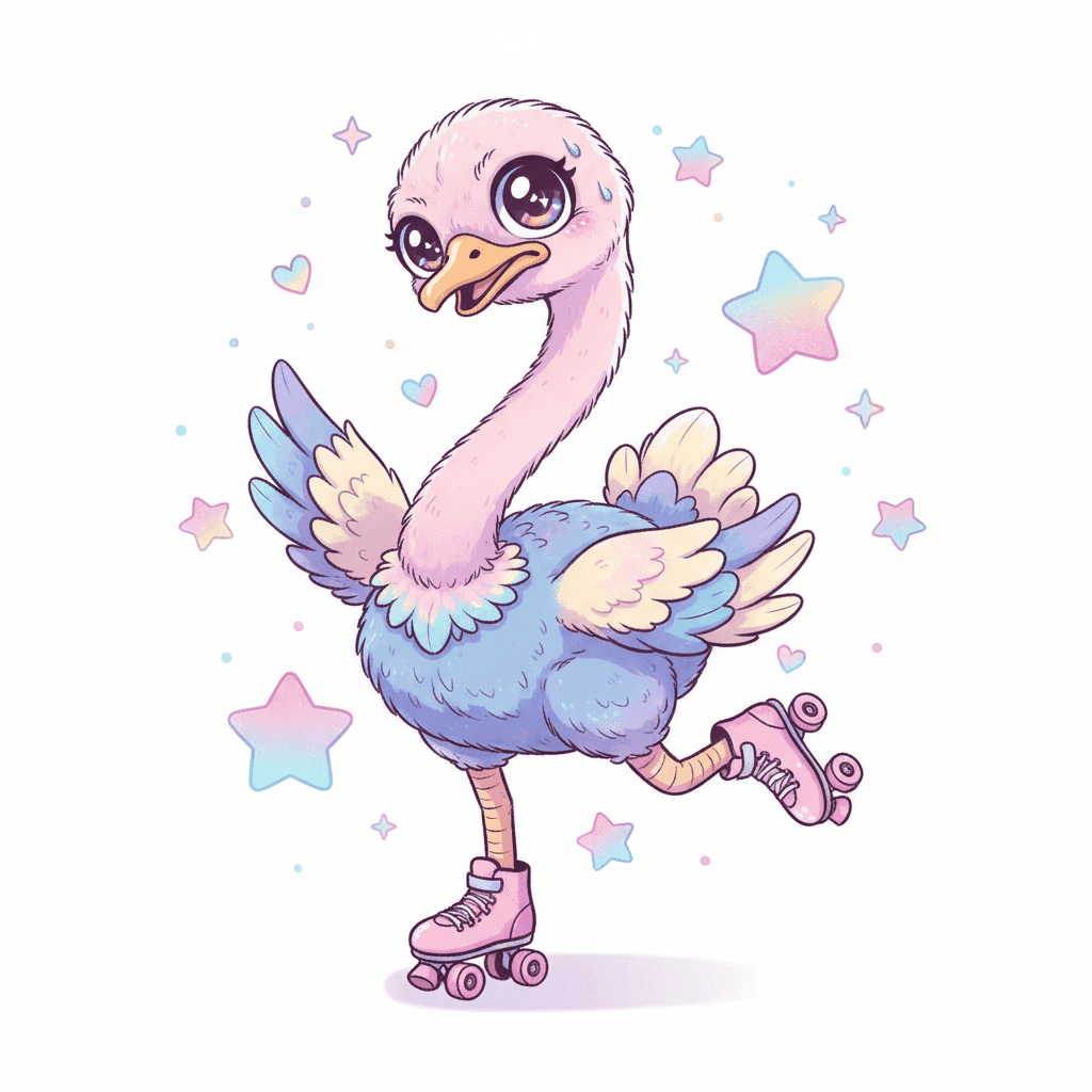 Ostrich Roller Skating Awkwardly - hard cartoon drawing idea