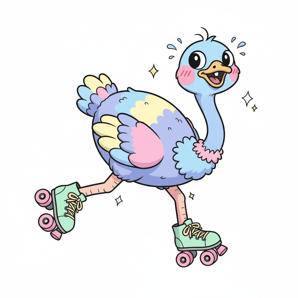 Ostrich Roller Skating Awkwardly - medium cartoon drawing idea