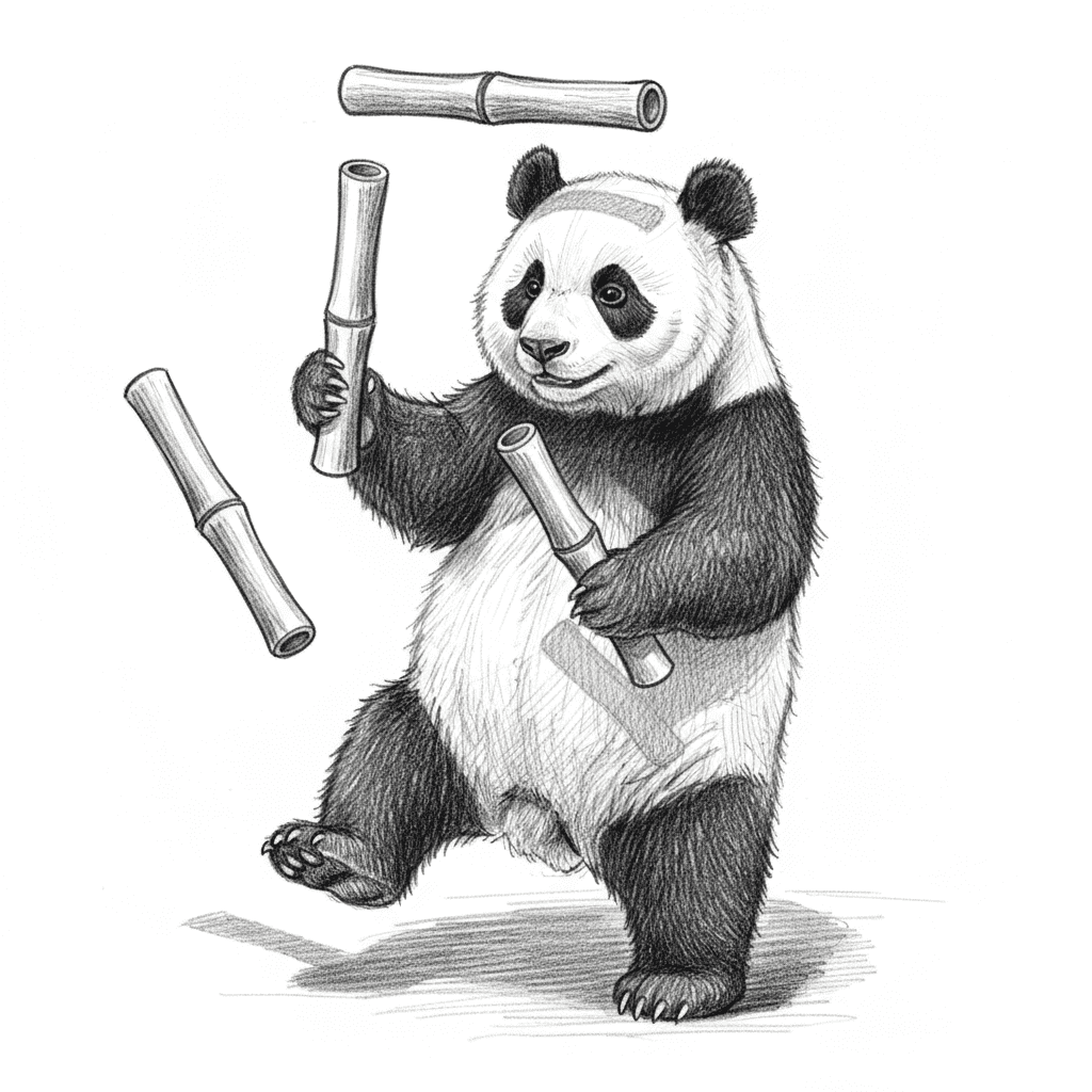 Panda Juggling Bamboo Sticks - hard sketch drawing idea