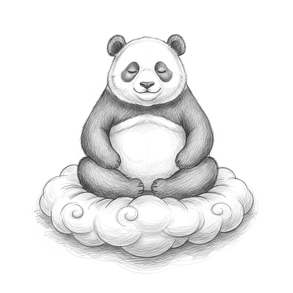 Panda Meditating On Cloud - hard sketch drawing idea