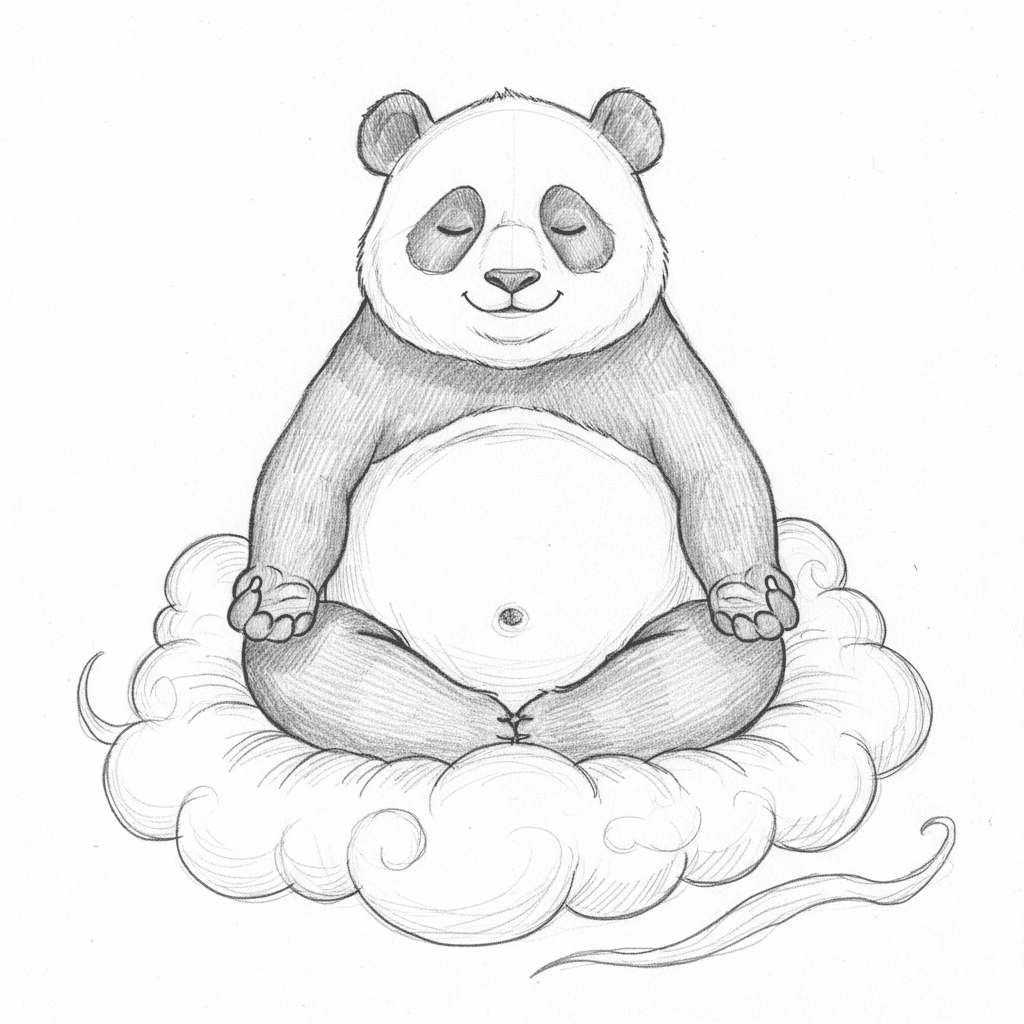 Panda Meditating On Cloud - medium sketch drawing idea