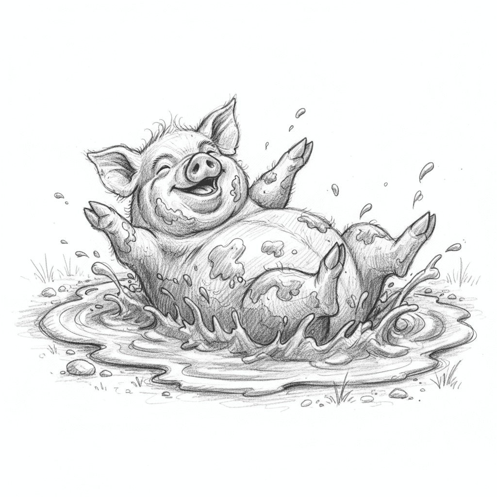 Pig Rolling Happily In Mud - hard sketch drawing idea