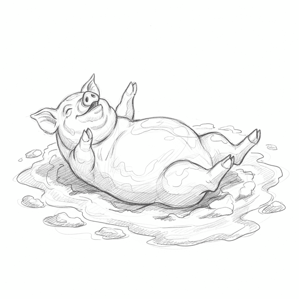 Pig Rolling Happily In Mud - medium sketch drawing idea