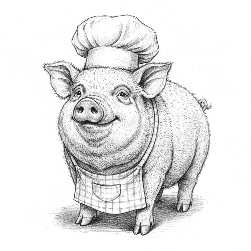 Pig Wearing Tiny Chef Hat - hard sketch drawing idea