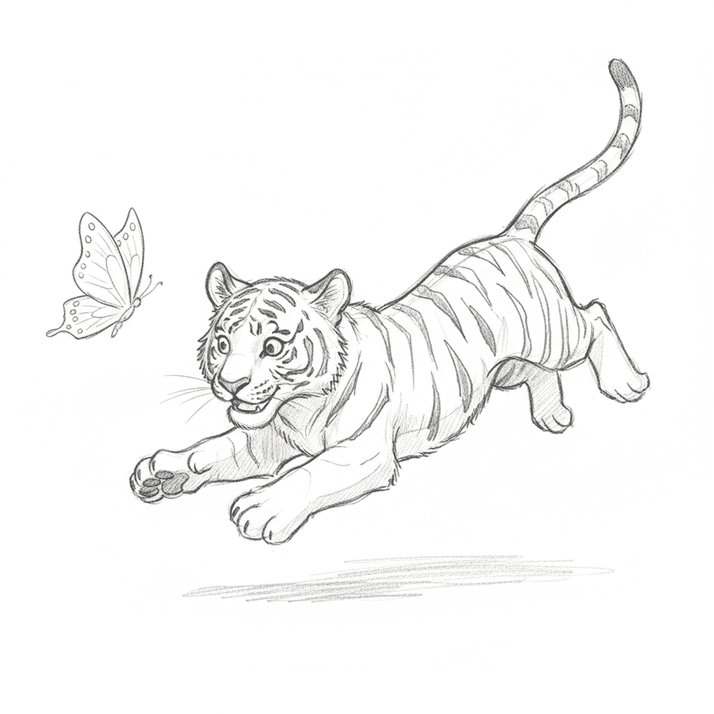 Playful Tiger Chasing A Butterfly - medium sketch drawing idea