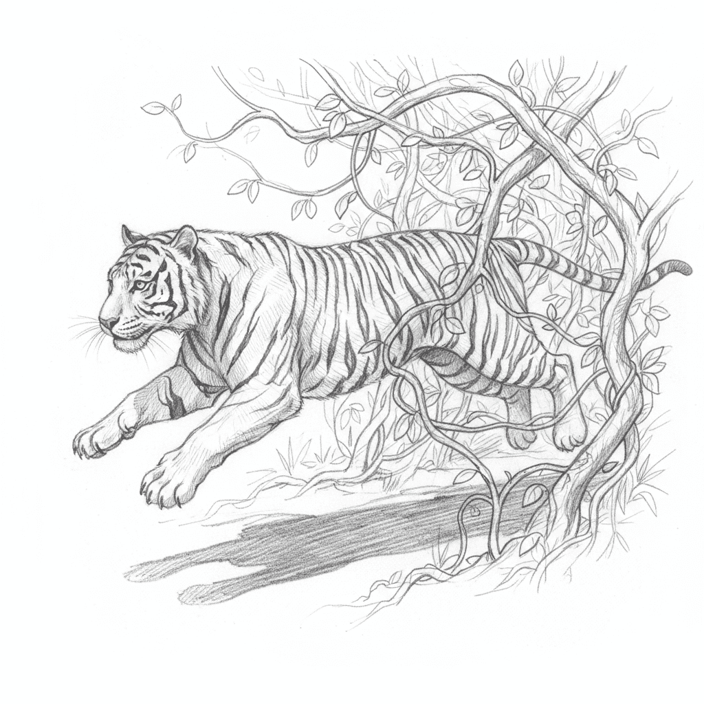 Tiger Leaping Through Jungle Vines - hard sketch drawing idea