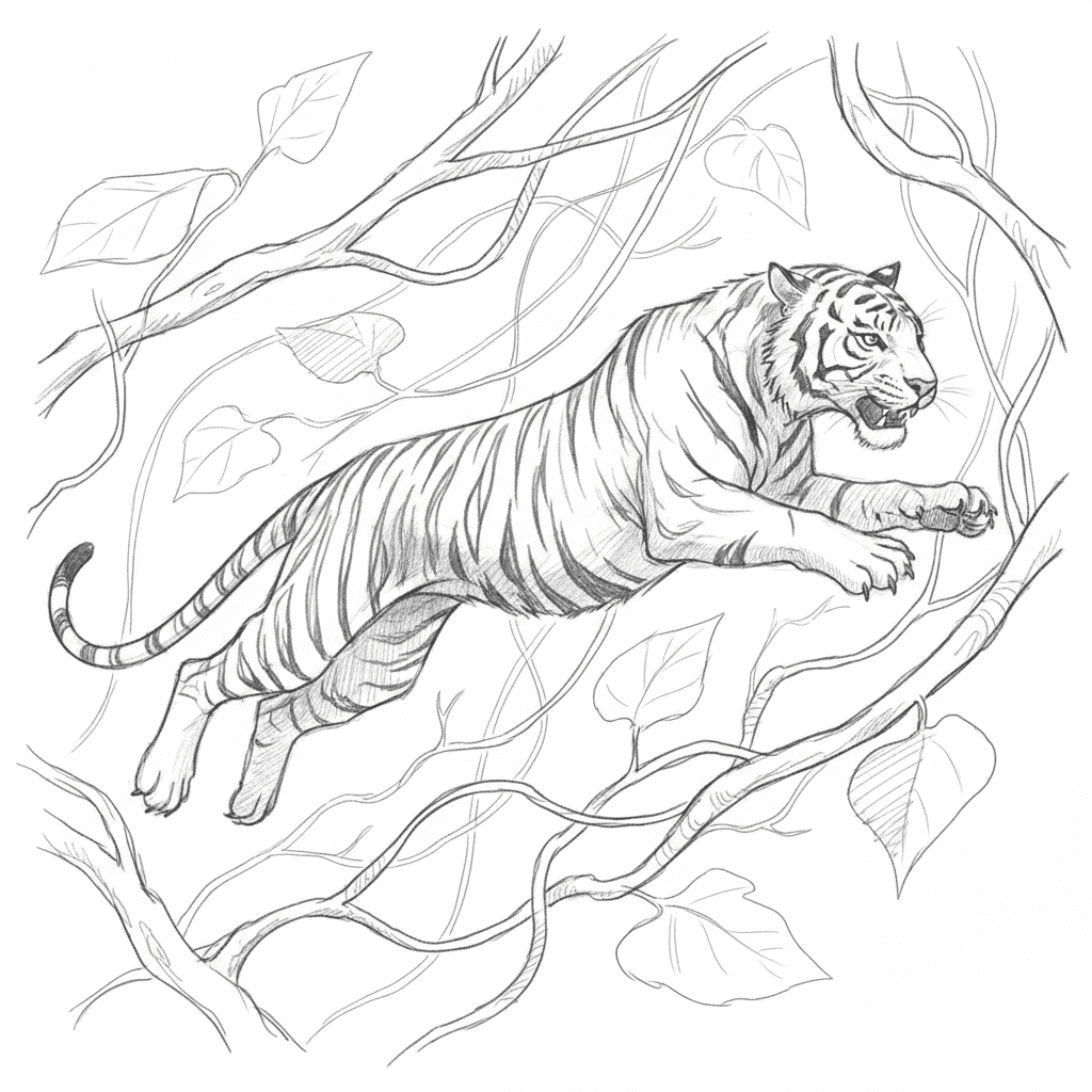 Tiger Leaping Through Jungle Vines - medium sketch drawing idea
