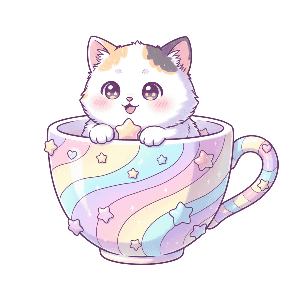Cat in Teacup (Anime) - hard cartoon drawing idea