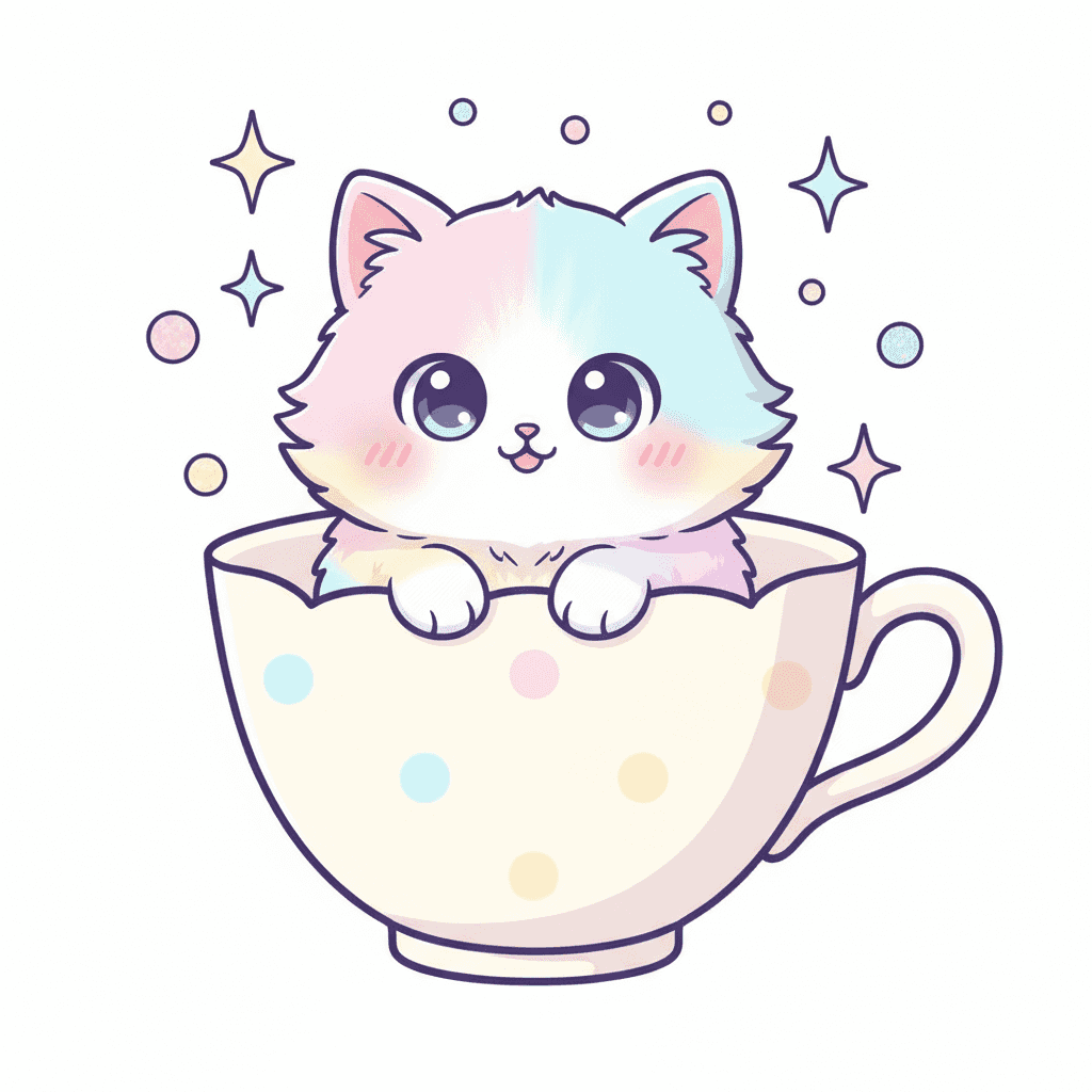 Cat in Teacup (Anime) - medium cartoon drawing idea