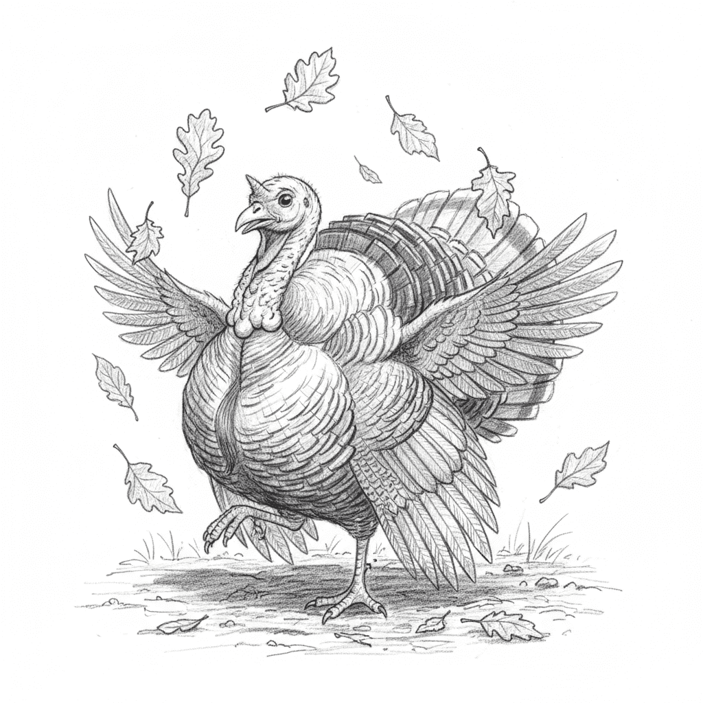 Turkey Juggling Autumn Leaves - hard sketch drawing idea