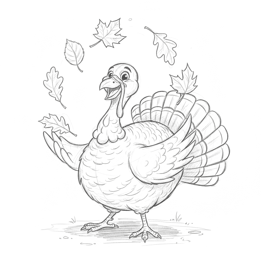 Turkey Juggling Autumn Leaves - medium sketch drawing idea