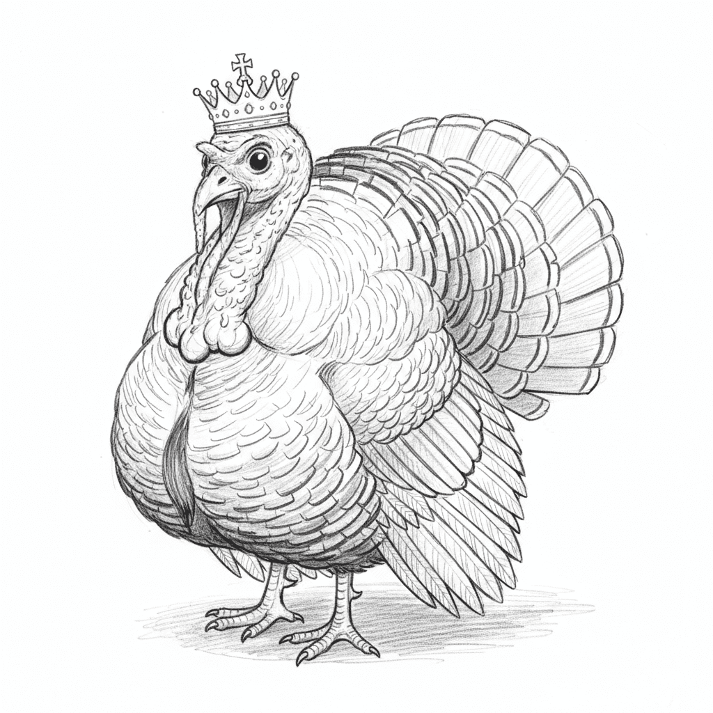 Turkey Wearing Tiny Crown - medium sketch drawing idea