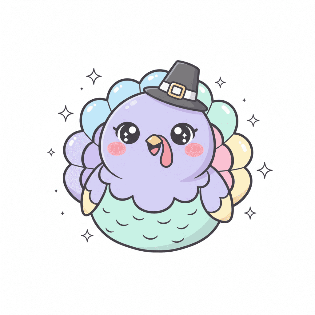 Turkey Wearing Tiny Pilgrim Hat - medium cartoon drawing idea