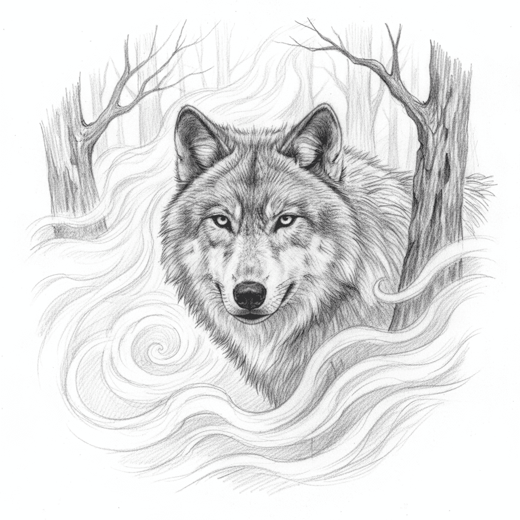 Wolf Peering From Misty Forest - hard sketch drawing idea