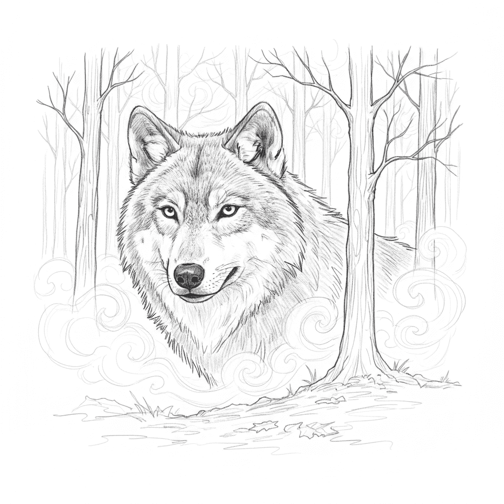 Wolf Peering From Misty Forest - medium sketch drawing idea