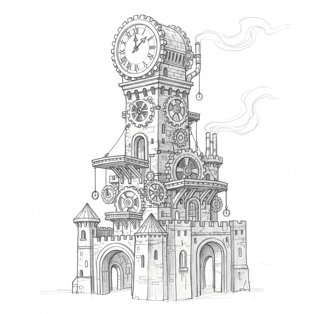 Gears Castle Clock Tower - medium sketch drawing idea