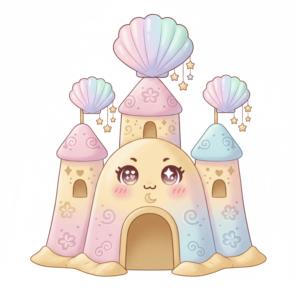 Sandcastle With Shell Flags - hard cartoon drawing idea