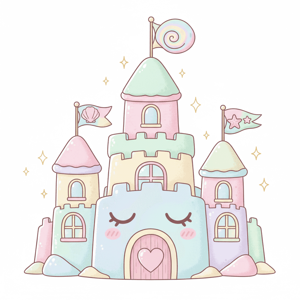 Sandcastle With Shell Flags - medium cartoon drawing idea