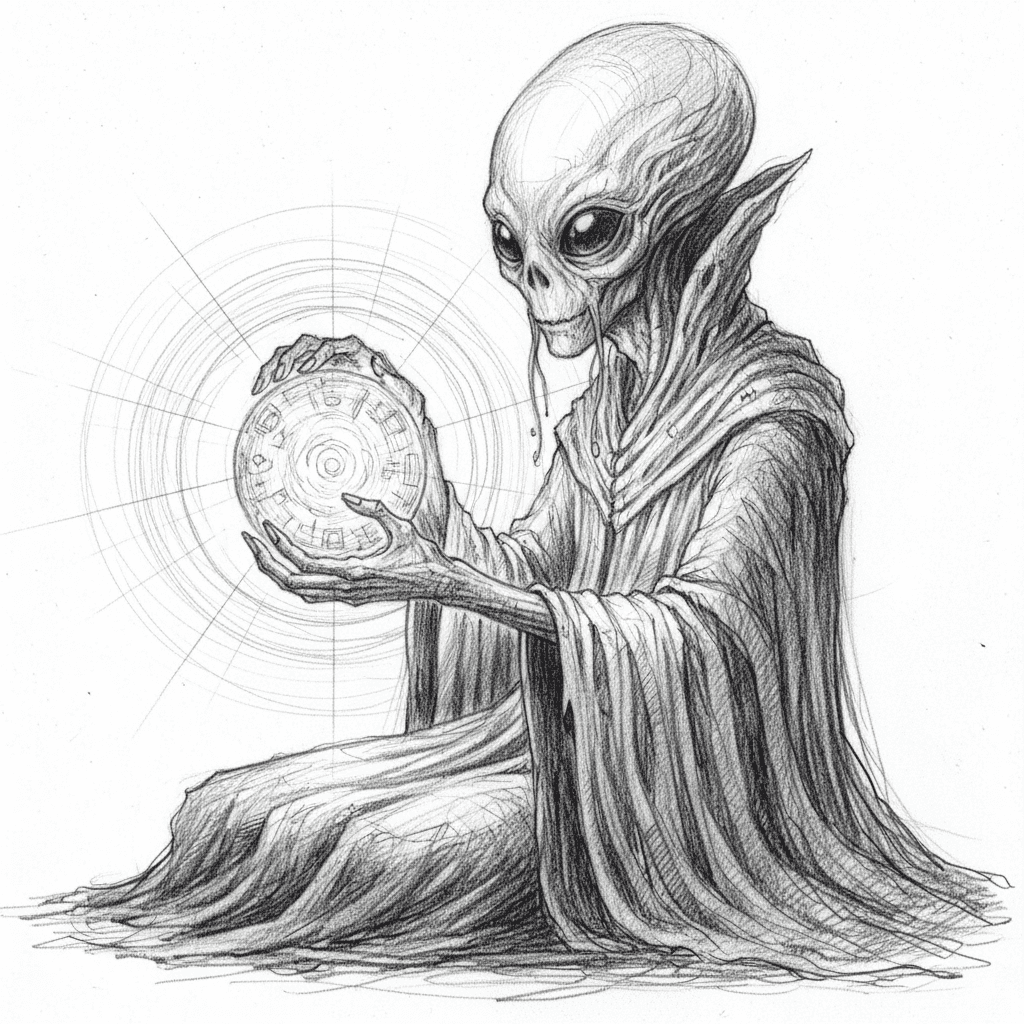 Alien Holding Glowing Orb - hard sketch drawing idea
