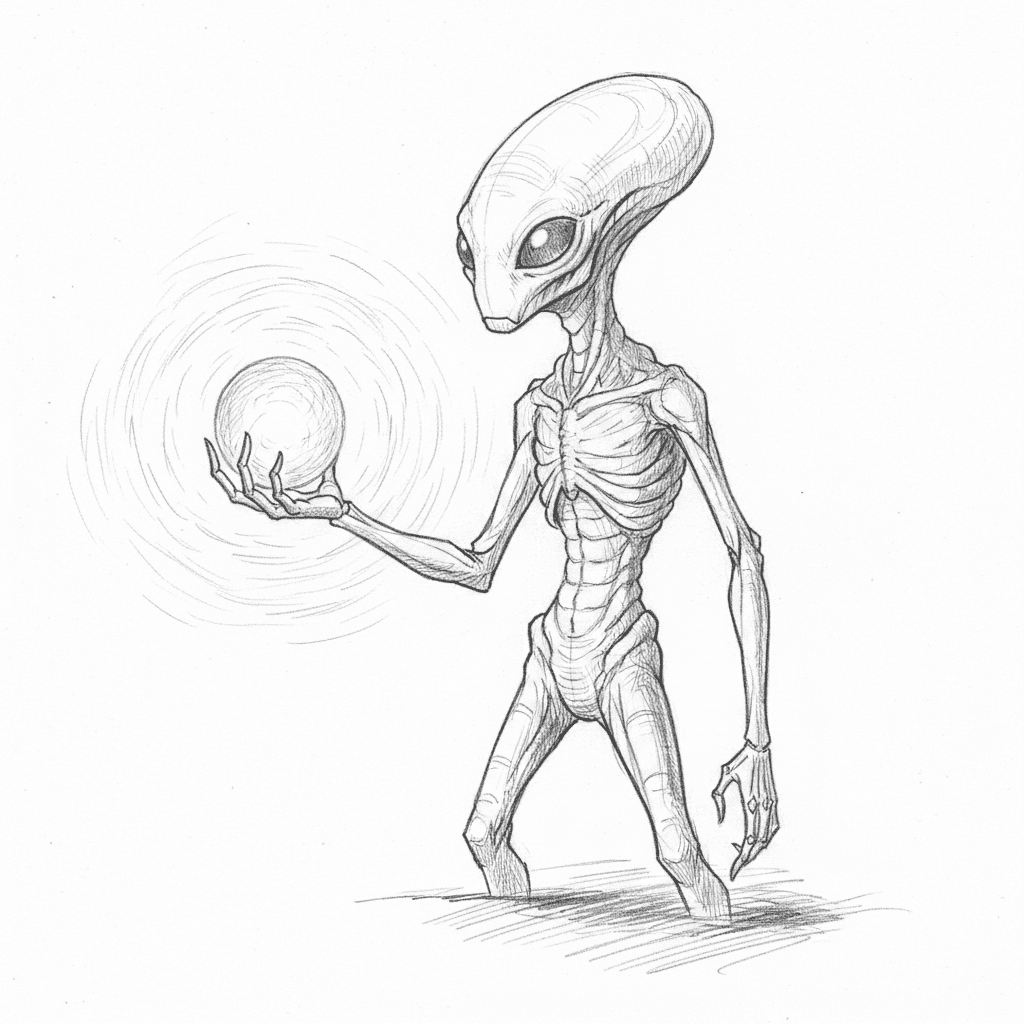 Alien Holding Glowing Orb - medium sketch drawing idea