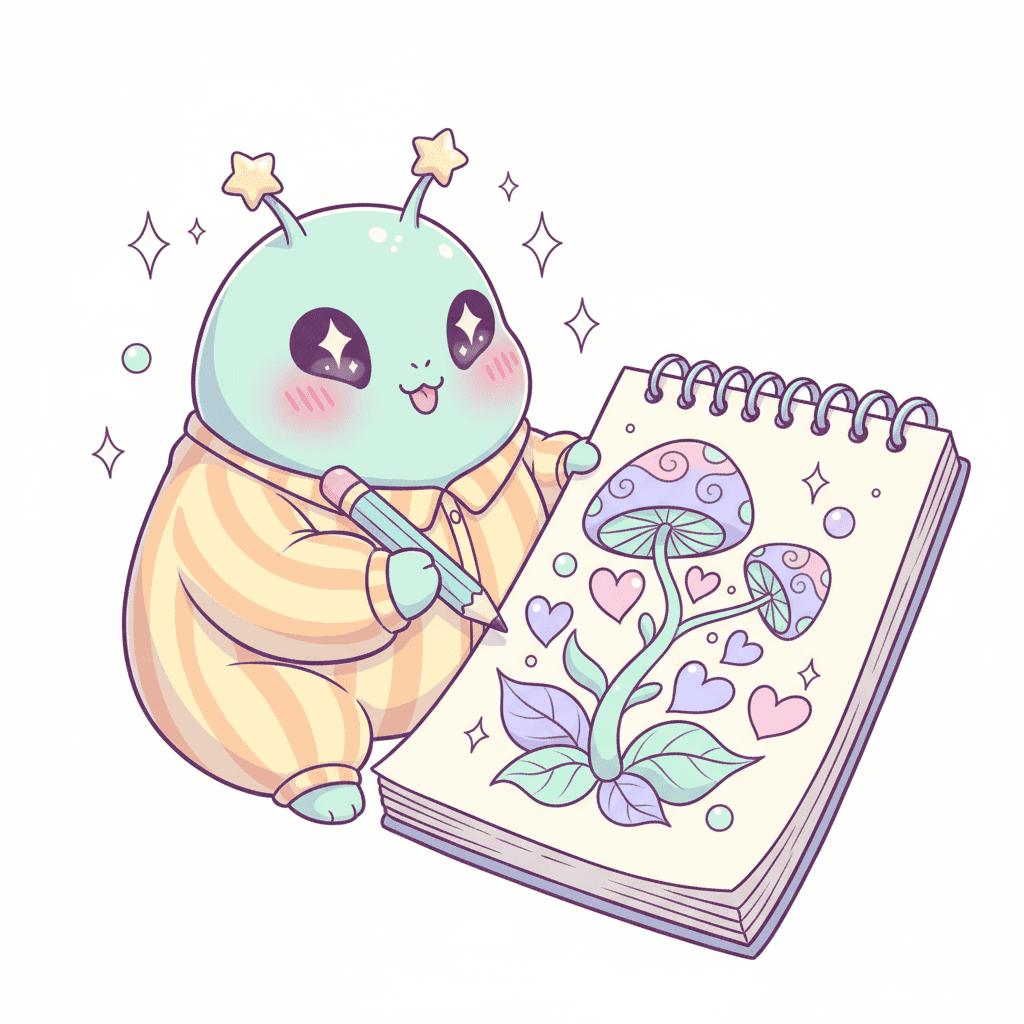 Alien Sketching Strange Flora - medium cartoon drawing idea