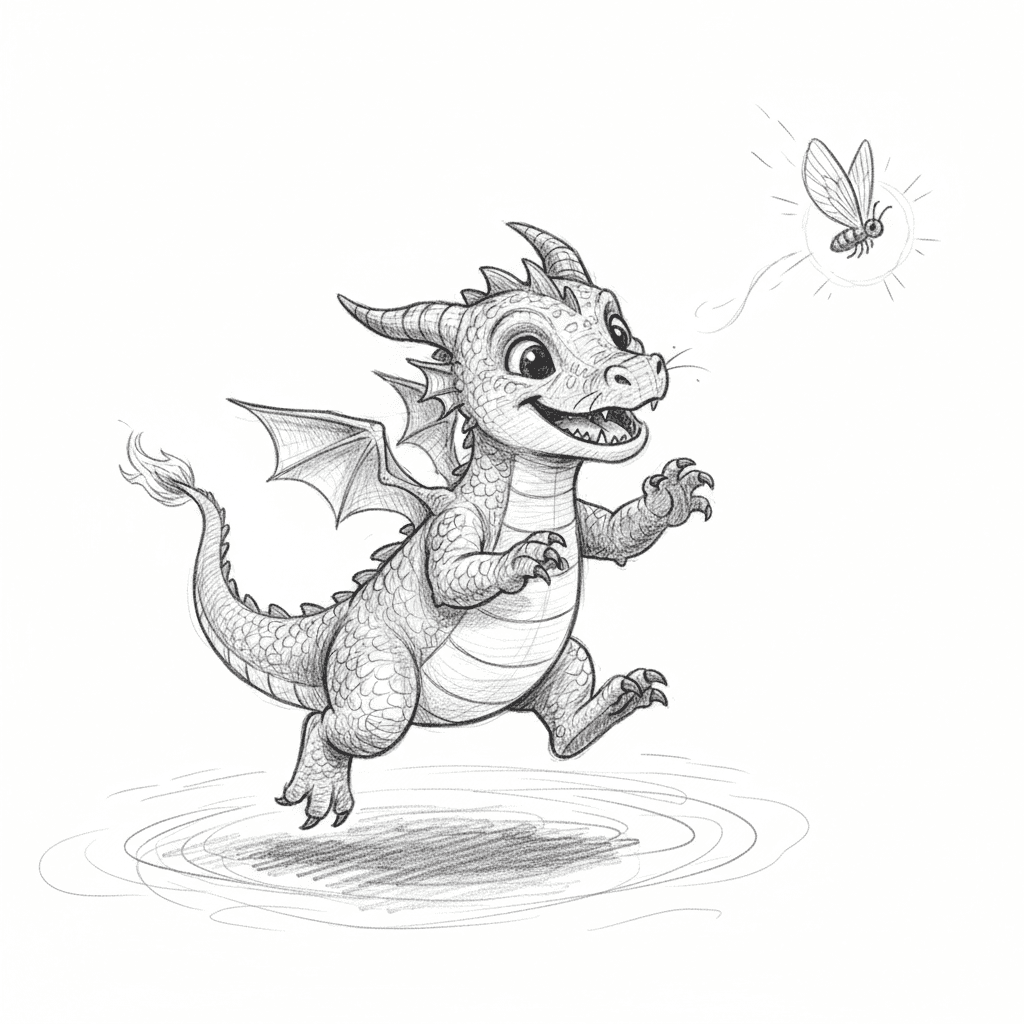 Baby Dragon Chasing A Firefly - hard sketch drawing idea