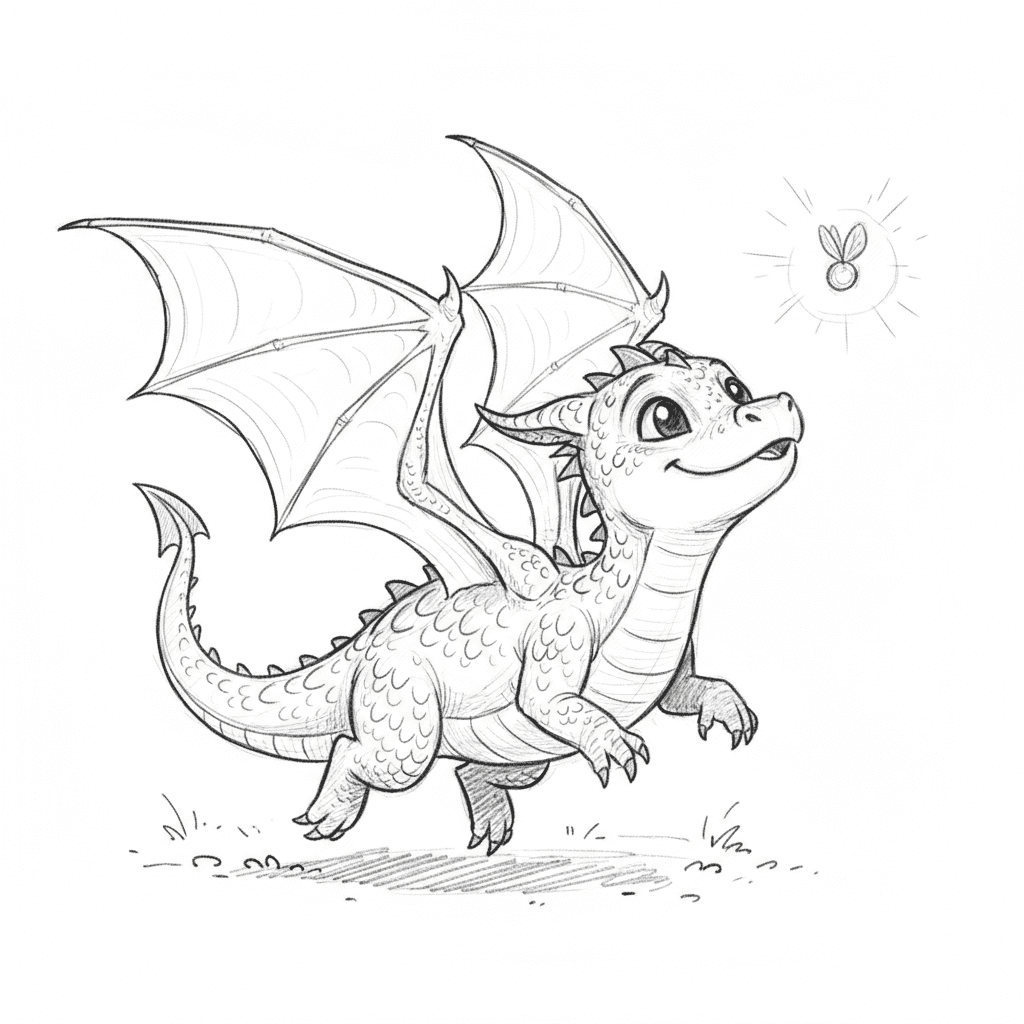 Baby Dragon Chasing A Firefly - medium sketch drawing idea