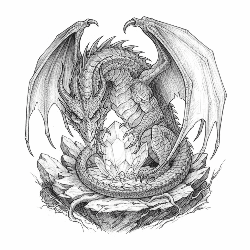 Dragon Guarding A Glowing Crystal - hard sketch drawing idea