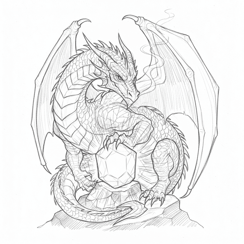 Dragon Guarding A Glowing Crystal - medium sketch drawing idea
