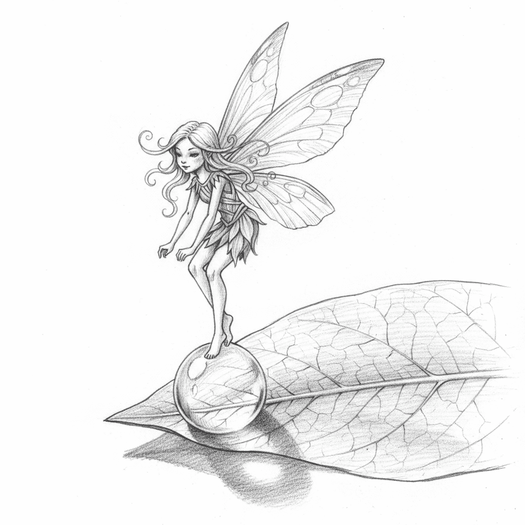 Fairy Perched On Dewdrop - hard sketch drawing idea