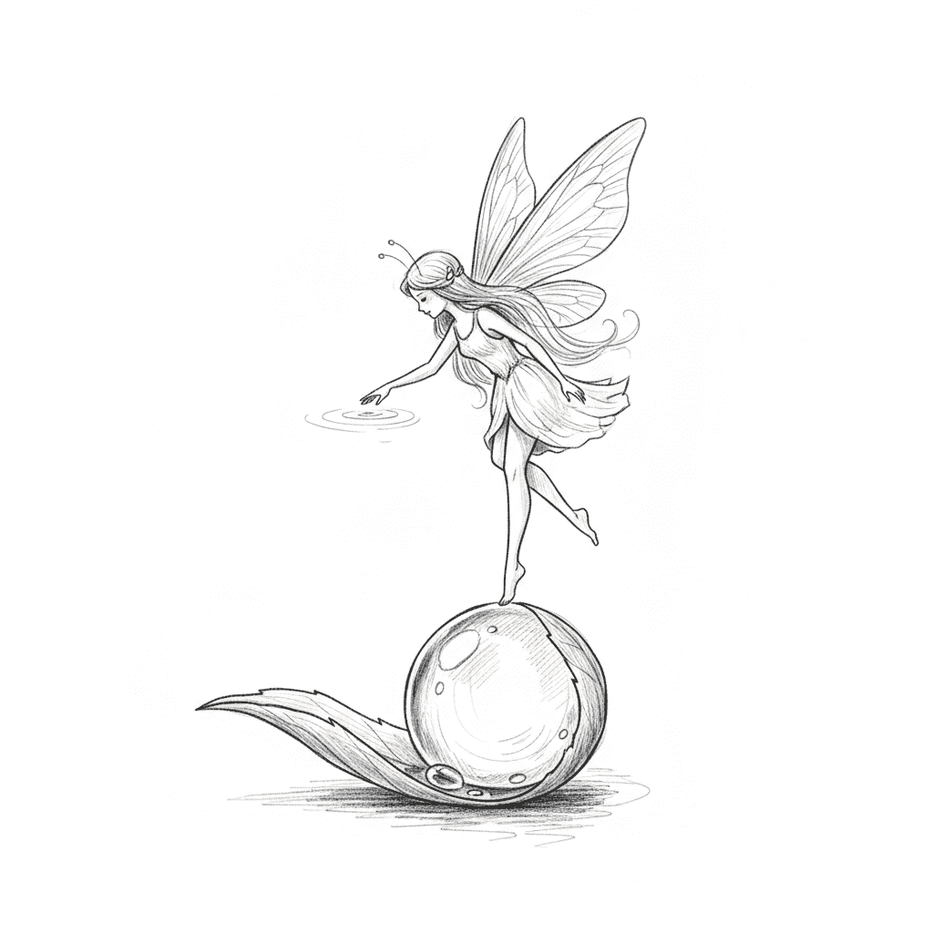Fairy Perched On Dewdrop - medium sketch drawing idea