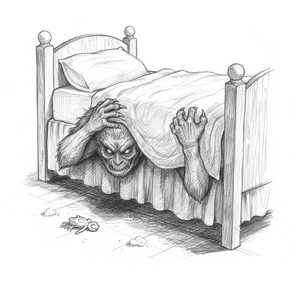 Monster Peeking From Under Bed - hard sketch drawing idea