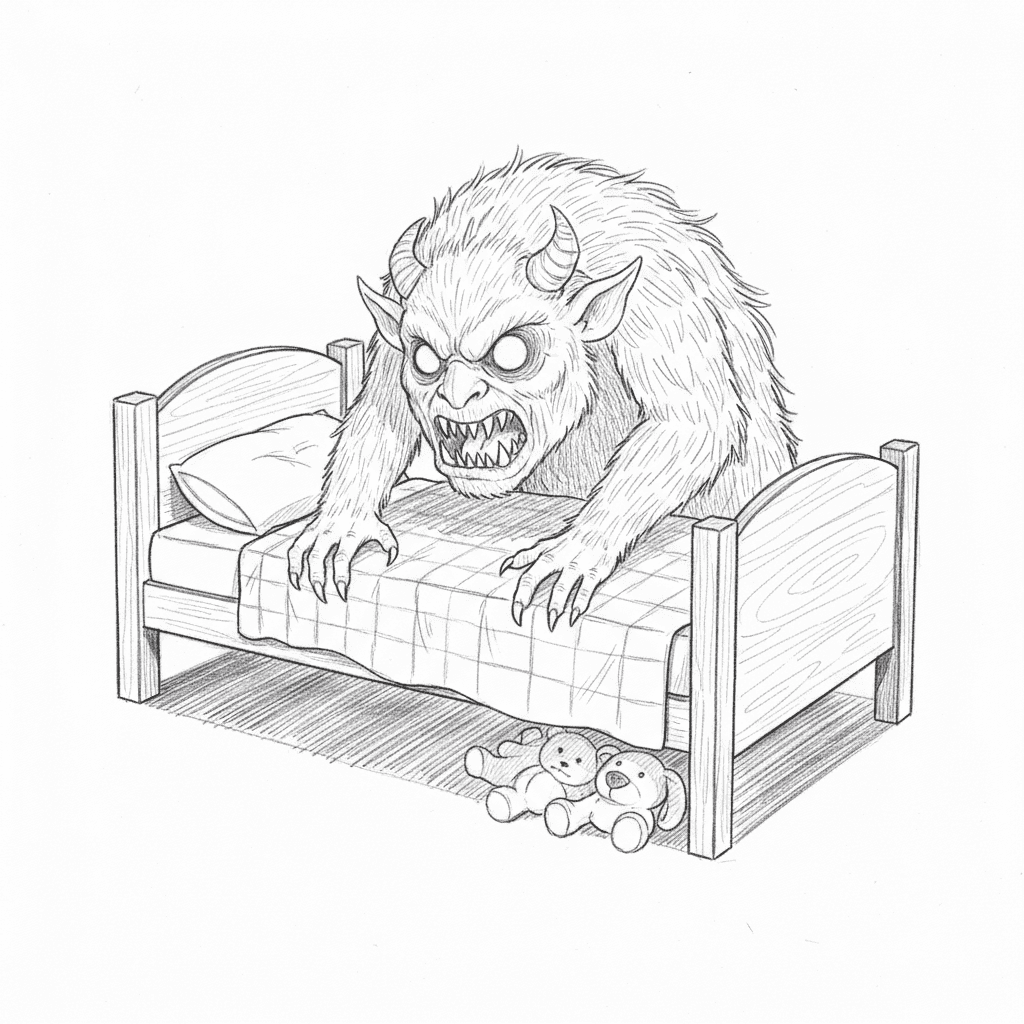 Monster Peeking From Under Bed - medium sketch drawing idea