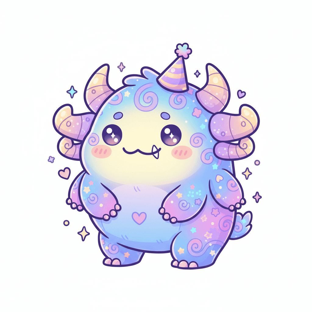 Monster Wearing Tiny Party Hat - hard cartoon drawing idea