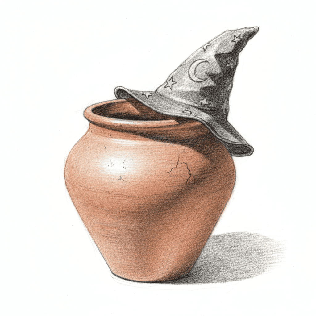 Pot Wearing A Tiny Wizard Hat - hard sketch drawing idea