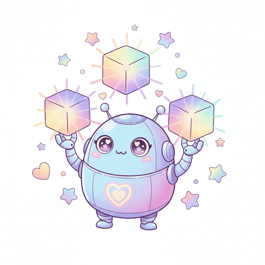 Robot Juggling Glowing Cubes - hard cartoon drawing idea